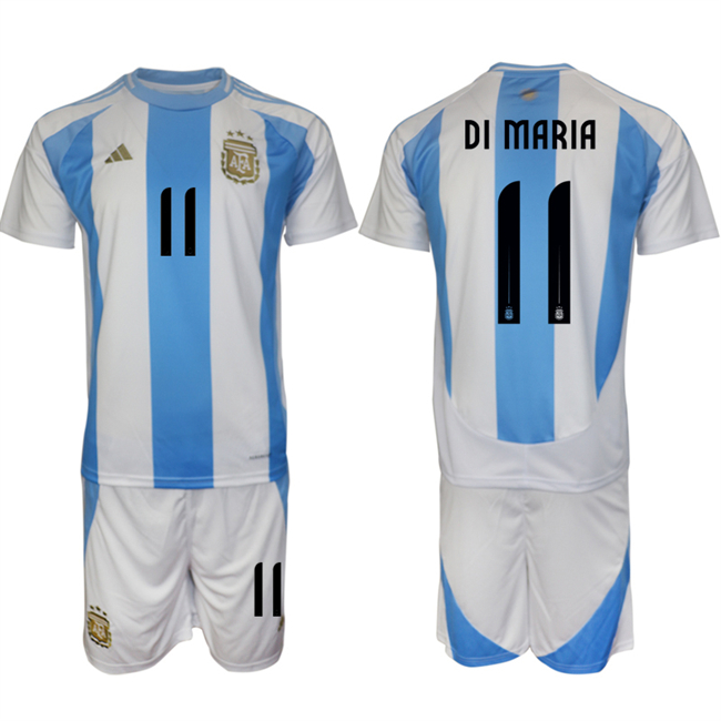 Men's Argentina #11 Di maria White/Blue 2024-25 Home Soccer Jersey Suit